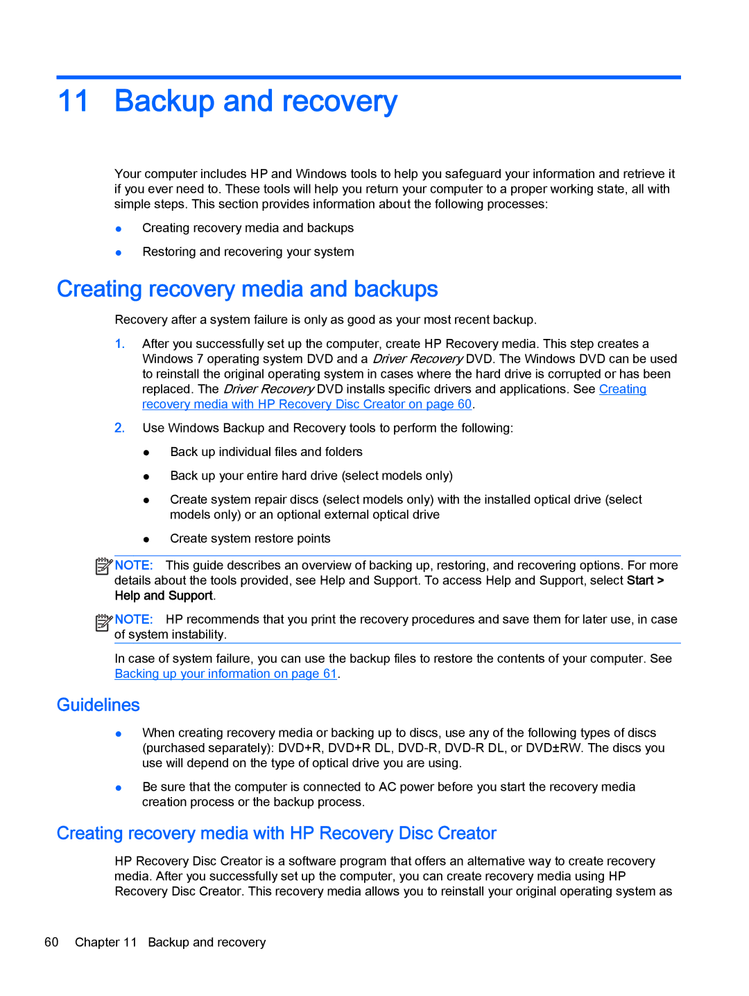 HP Pro x2 612 G1 manual Backup and recovery, Creating recovery media and backups, Guidelines 