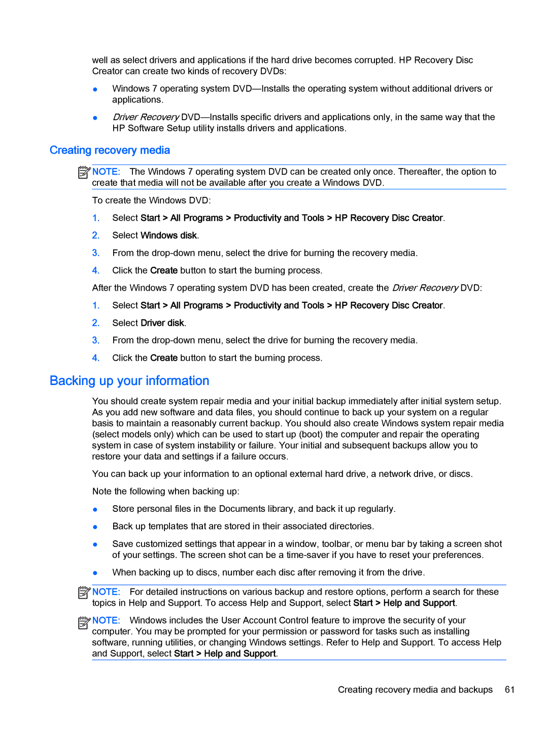 HP Pro x2 612 G1 manual Backing up your information, Creating recovery media 