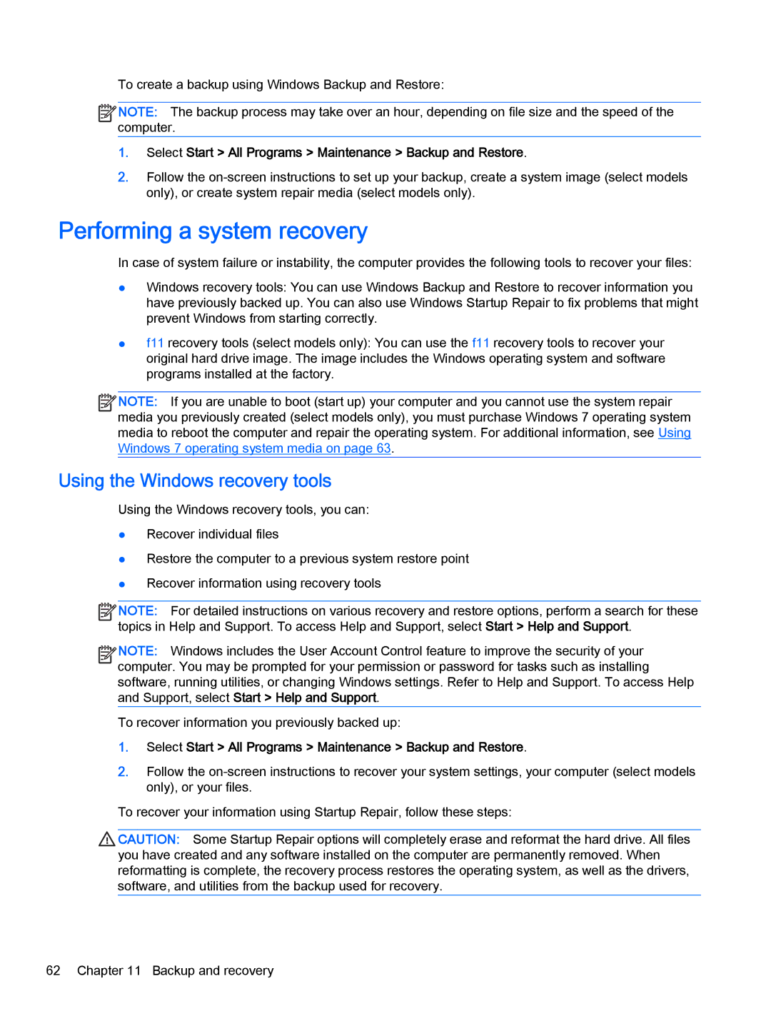 HP Pro x2 612 G1 manual Performing a system recovery, Using the Windows recovery tools 