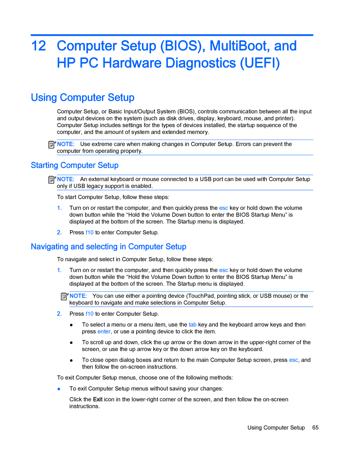 HP Pro x2 612 G1 manual Using Computer Setup, Starting Computer Setup, Navigating and selecting in Computer Setup 