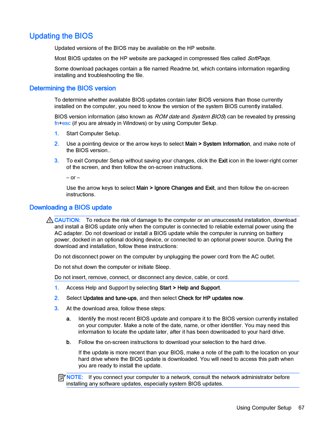 HP Pro x2 612 G1 manual Updating the Bios, Determining the Bios version, Downloading a Bios update 