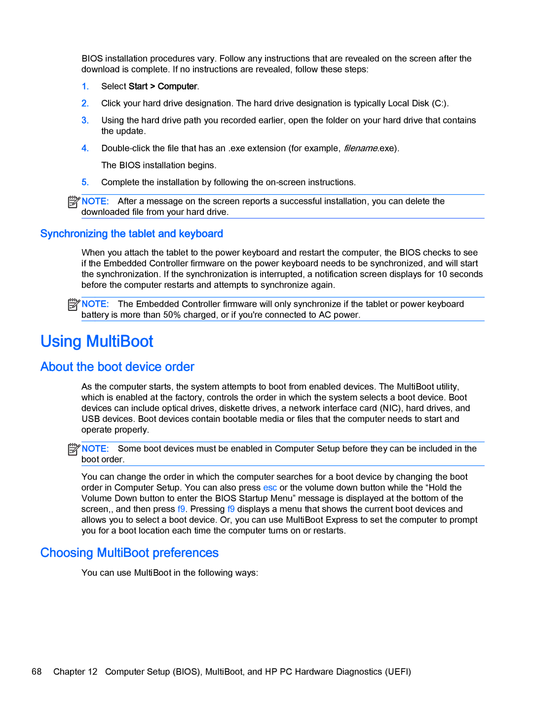 HP Pro x2 612 G1 manual Using MultiBoot, About the boot device order, Choosing MultiBoot preferences 