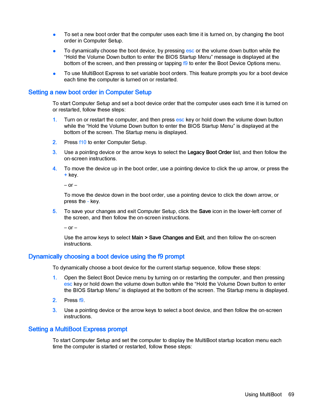 HP Pro x2 612 G1 manual Setting a new boot order in Computer Setup, Dynamically choosing a boot device using the f9 prompt 