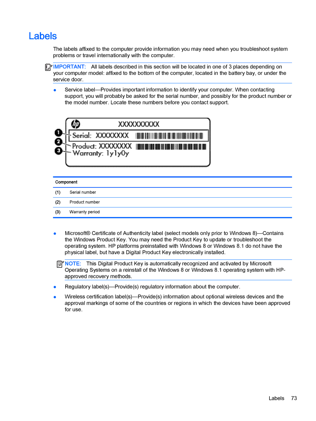 HP Pro x2 612 G1 manual Labels, Component 