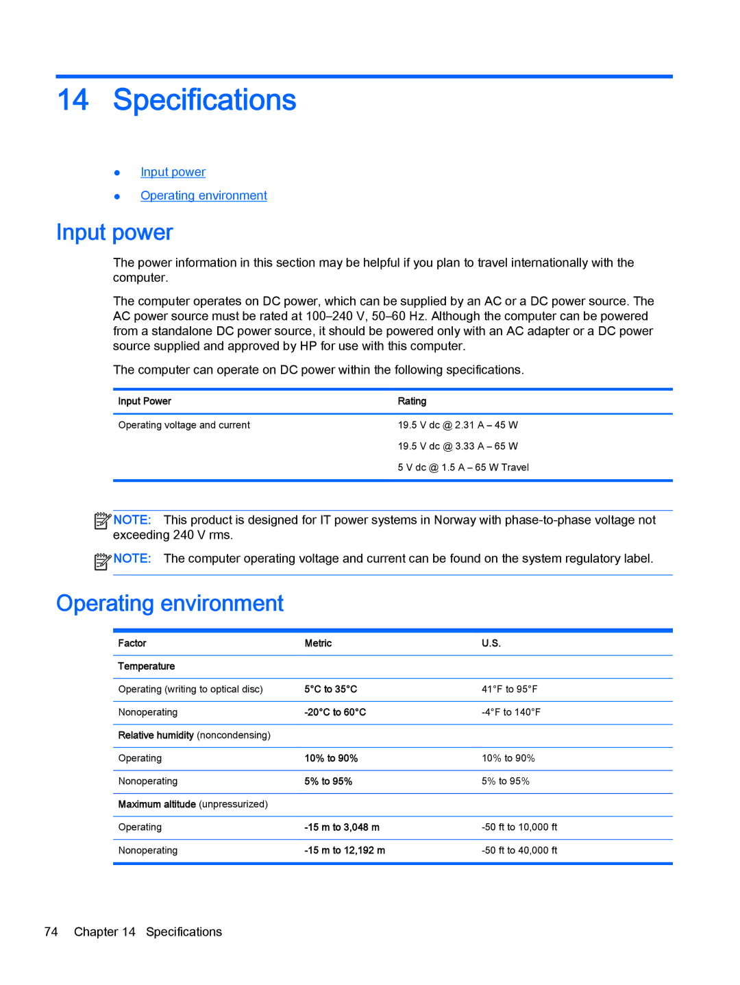 HP Pro x2 612 G1 manual Specifications, Input power, Operating environment 