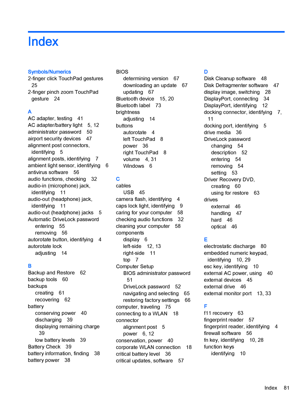 HP Pro x2 612 G1 manual Index, Symbols/Numerics 