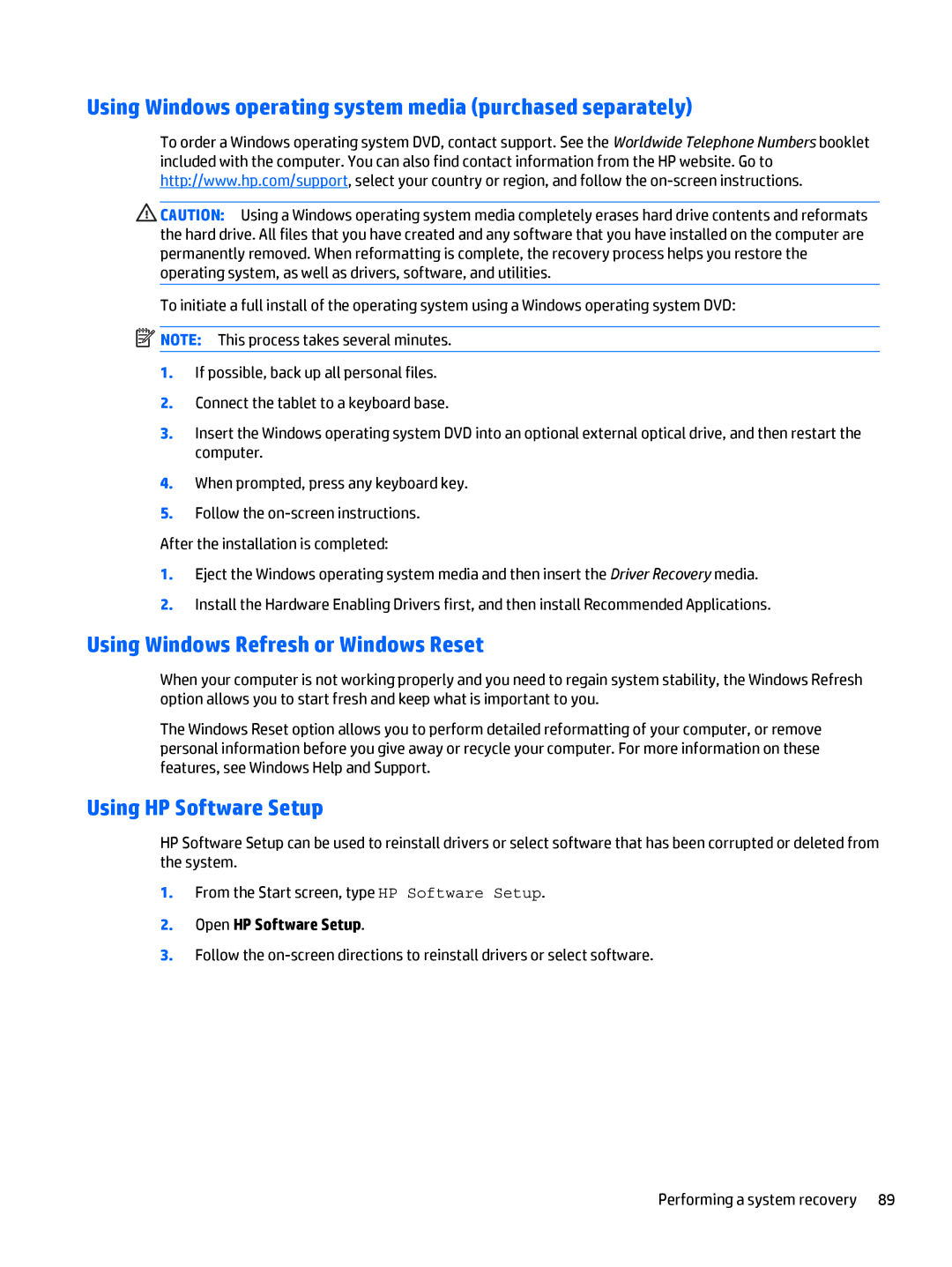 HP Pro x2 612 G1 manual Using Windows operating system media purchased separately, Using Windows Refresh or Windows Reset 