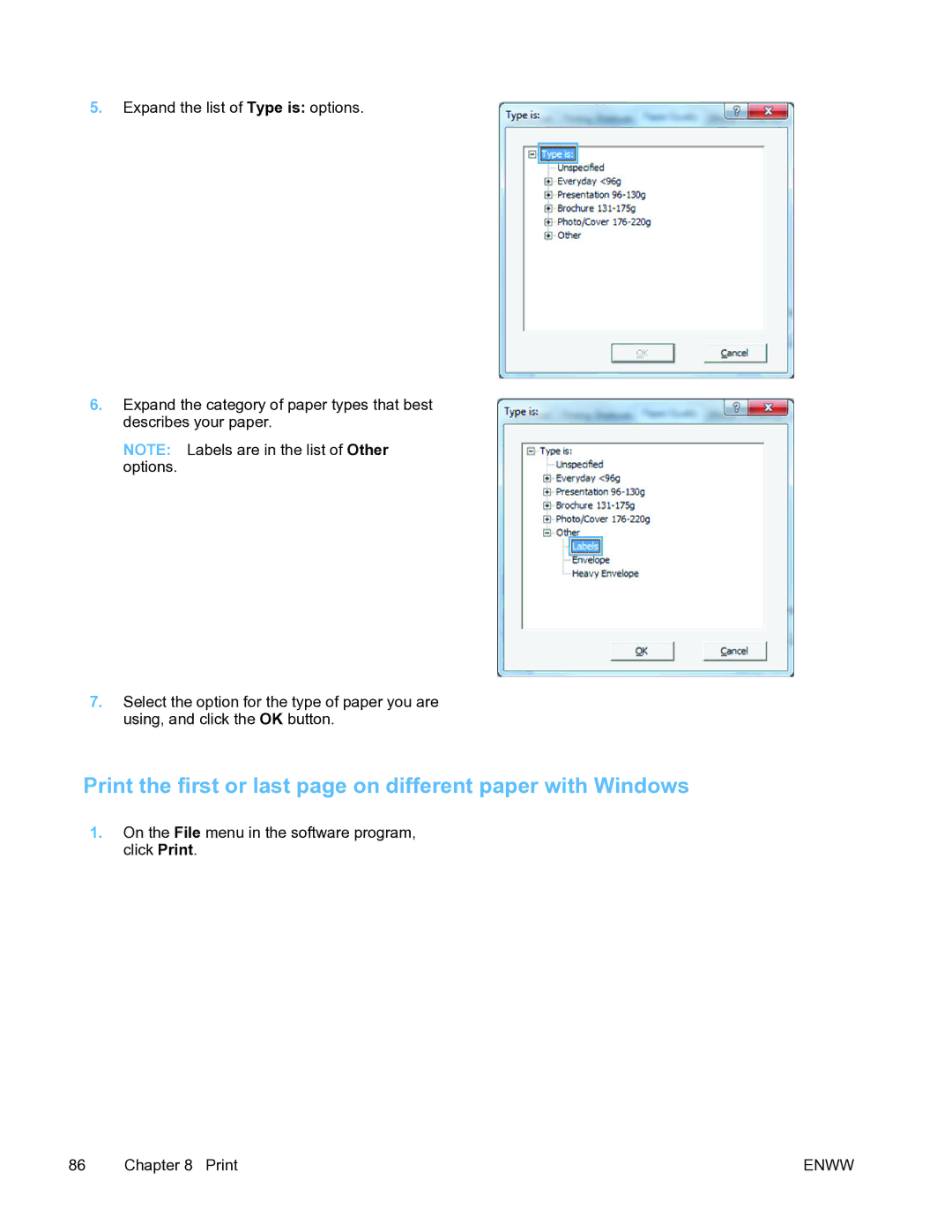 HP Pro X451 manual Print the first or last page on different paper with Windows 