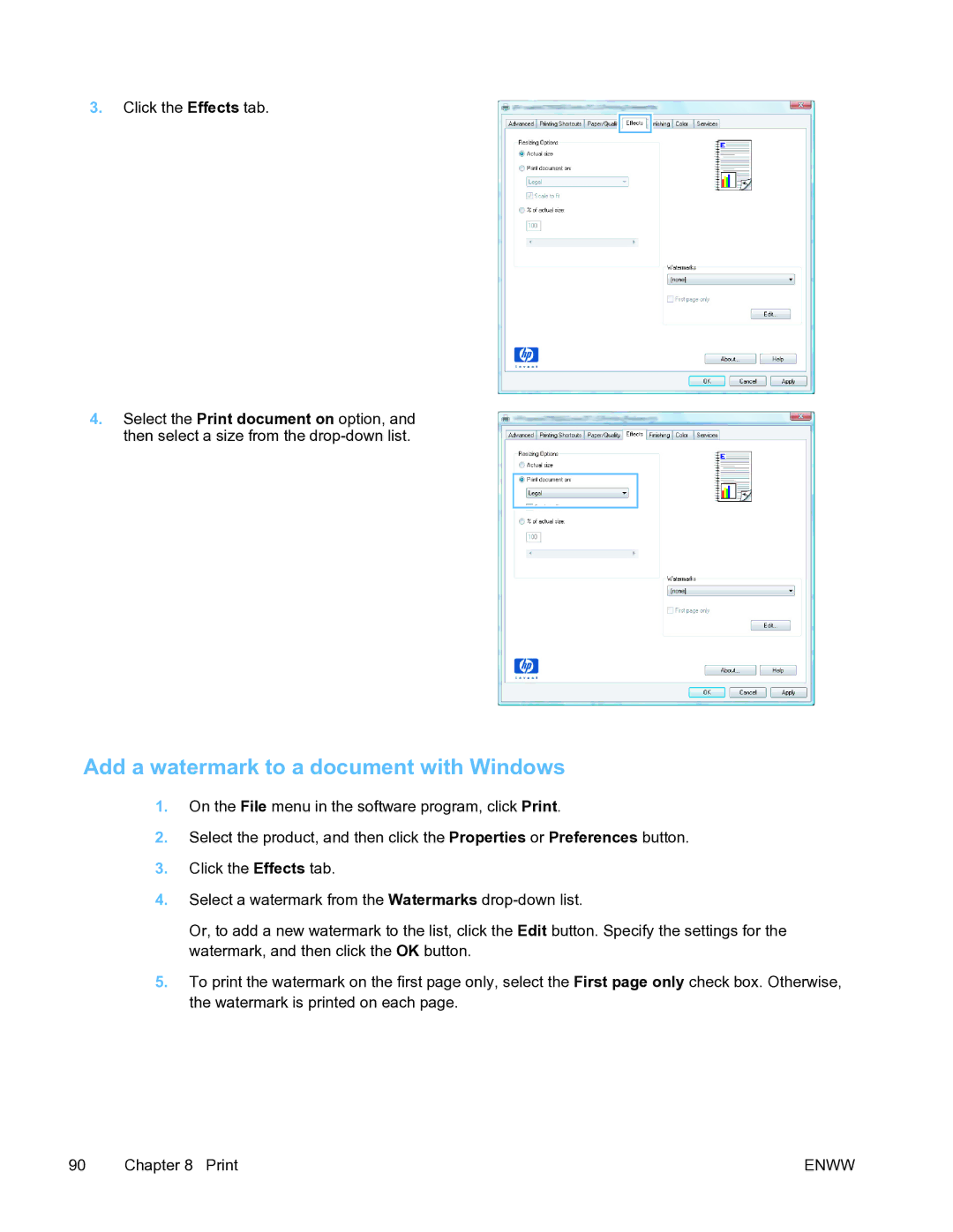 HP Pro X451 manual Add a watermark to a document with Windows 