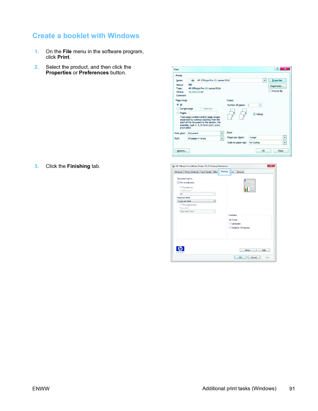 HP Pro X451 manual Create a booklet with Windows 