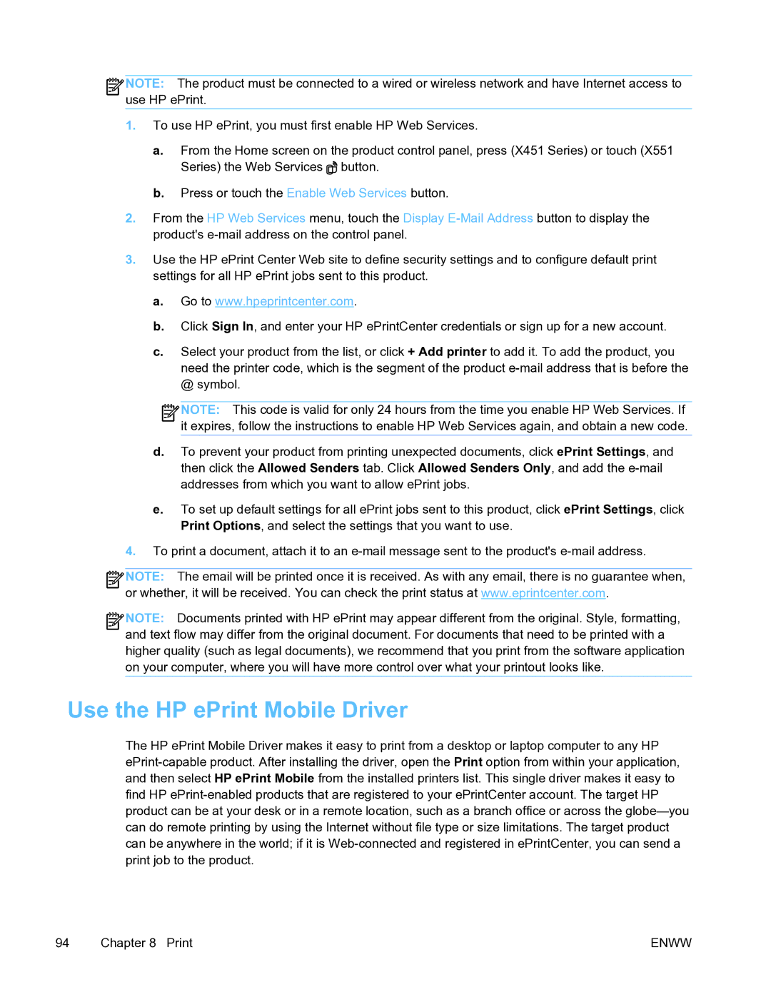 HP Pro X451 manual Use the HP ePrint Mobile Driver 