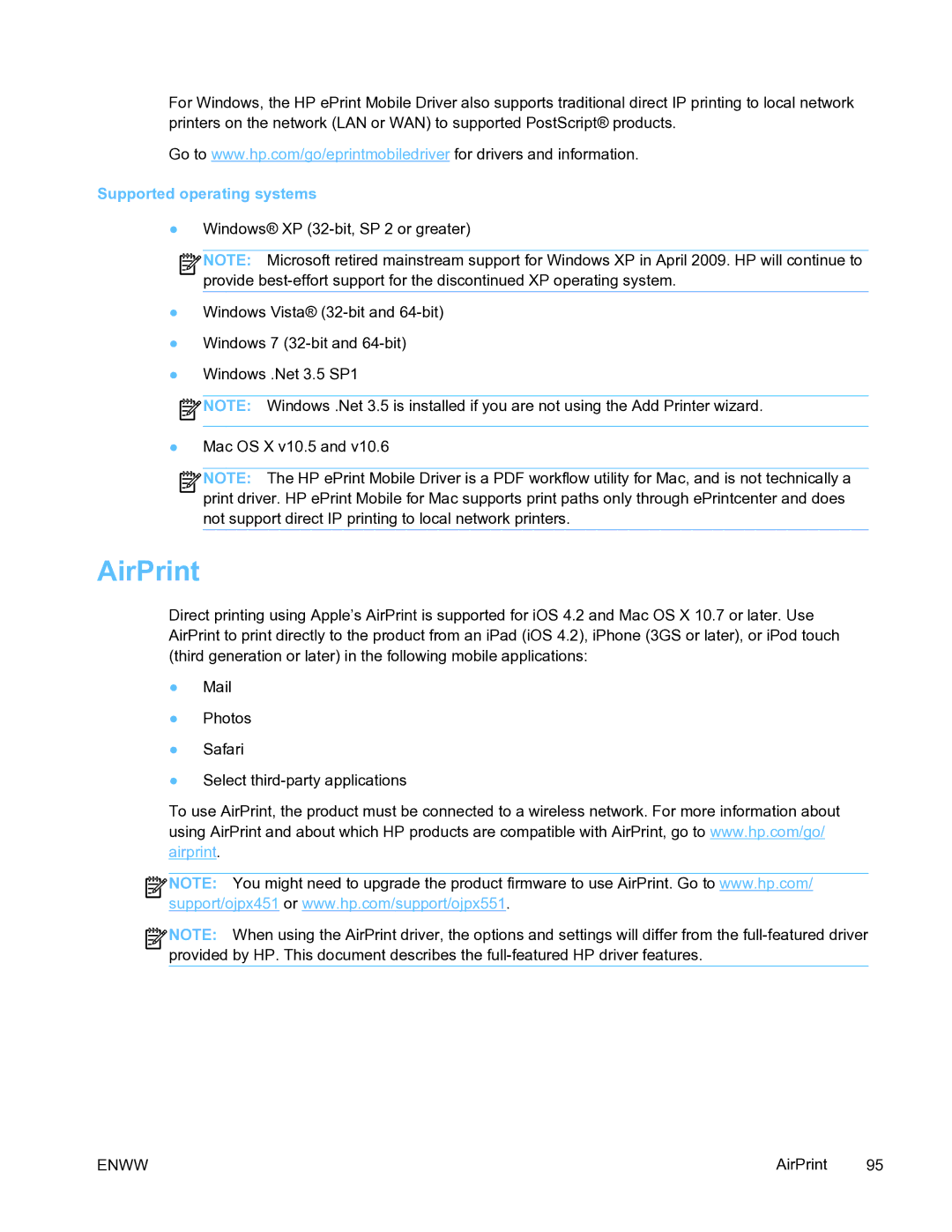 HP Pro X451 manual AirPrint, Supported operating systems 