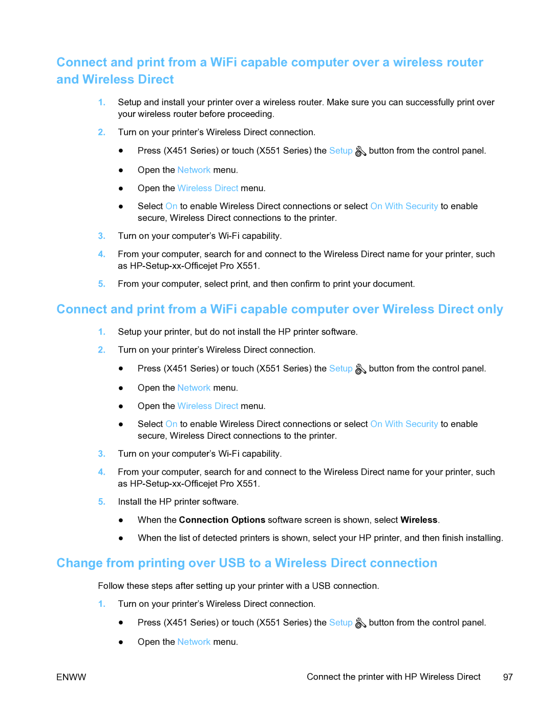 HP Pro X451 manual Connect the printer with HP Wireless Direct 