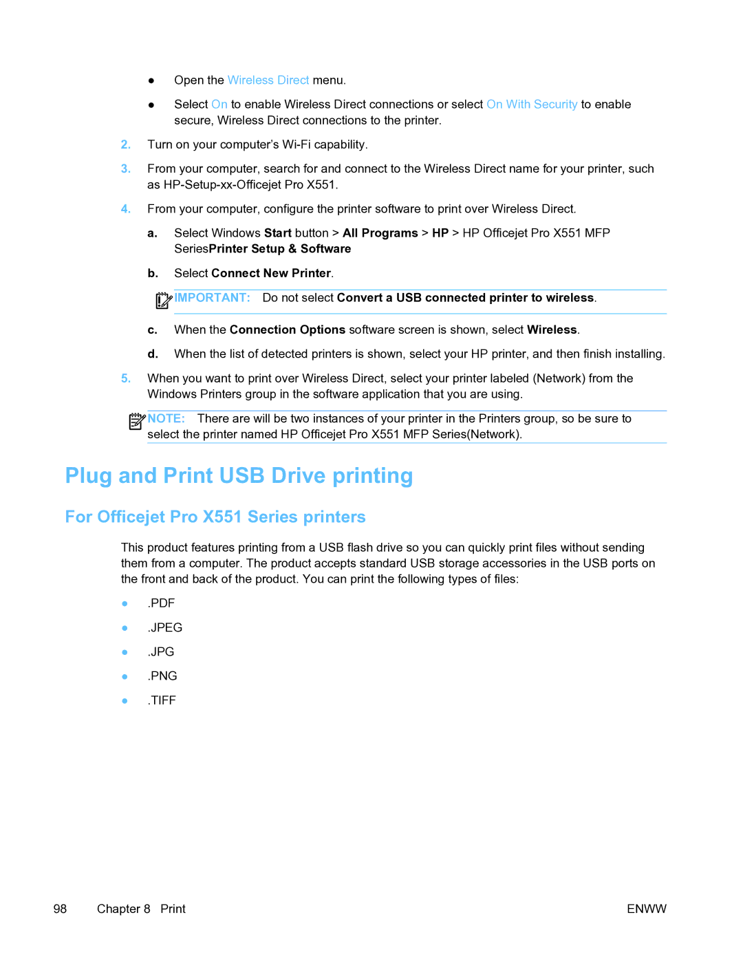 HP Pro X451 manual Plug and Print USB Drive printing, For Officejet Pro X551 Series printers 