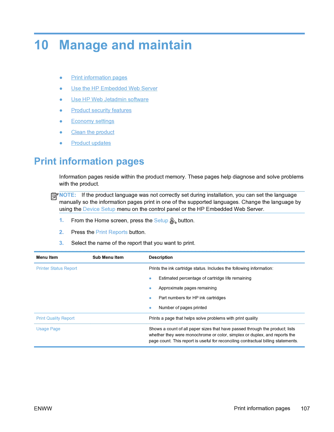 HP Pro X451 manual Manage and maintain, Print information pages, Menu Item Sub Menu Item Description 