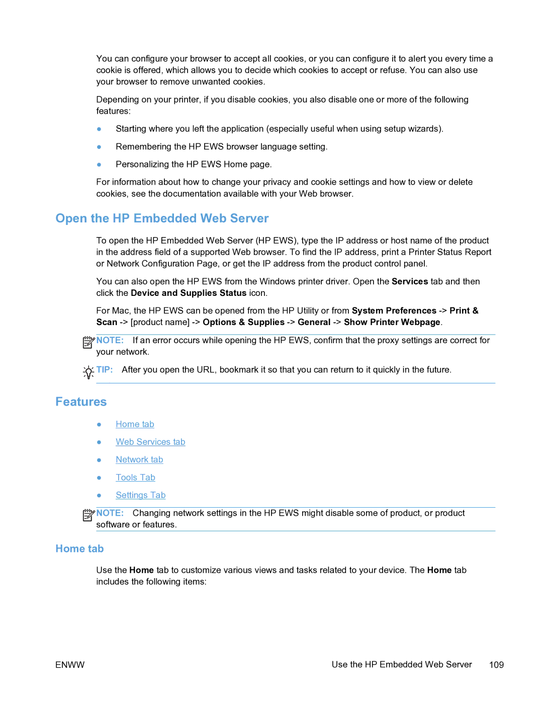 HP Pro X451 manual Open the HP Embedded Web Server, Features, Home tab 