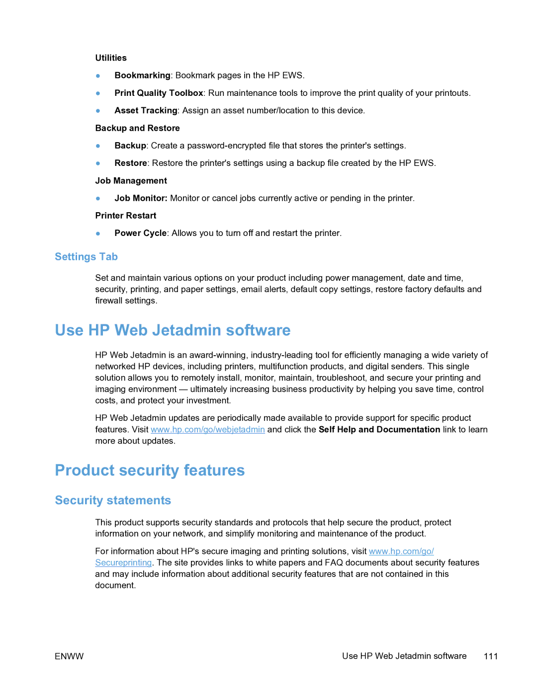 HP Pro X451 manual Use HP Web Jetadmin software, Product security features, Security statements, Settings Tab 