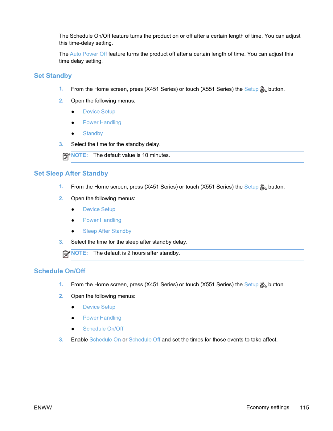 HP Pro X451 manual Set Standby, Set Sleep After Standby, Schedule On/Off 