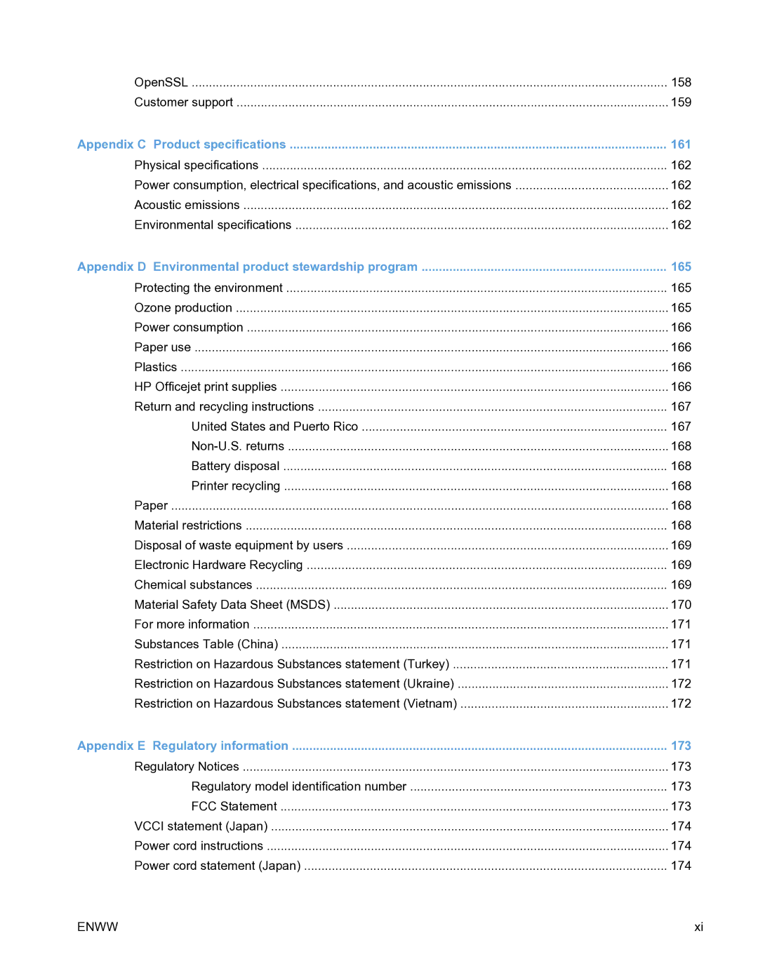 HP Pro X451 manual 161, 165, 173 