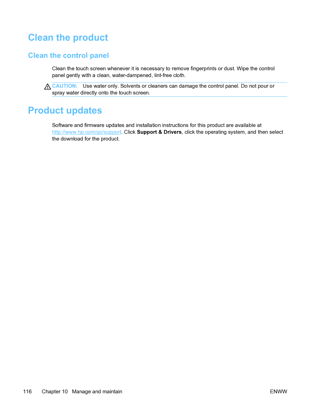 HP Pro X451 manual Clean the product, Product updates, Clean the control panel 