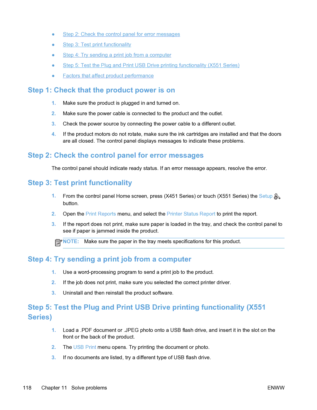 HP Pro X451 manual Check that the product power is on, Check the control panel for error messages, Test print functionality 