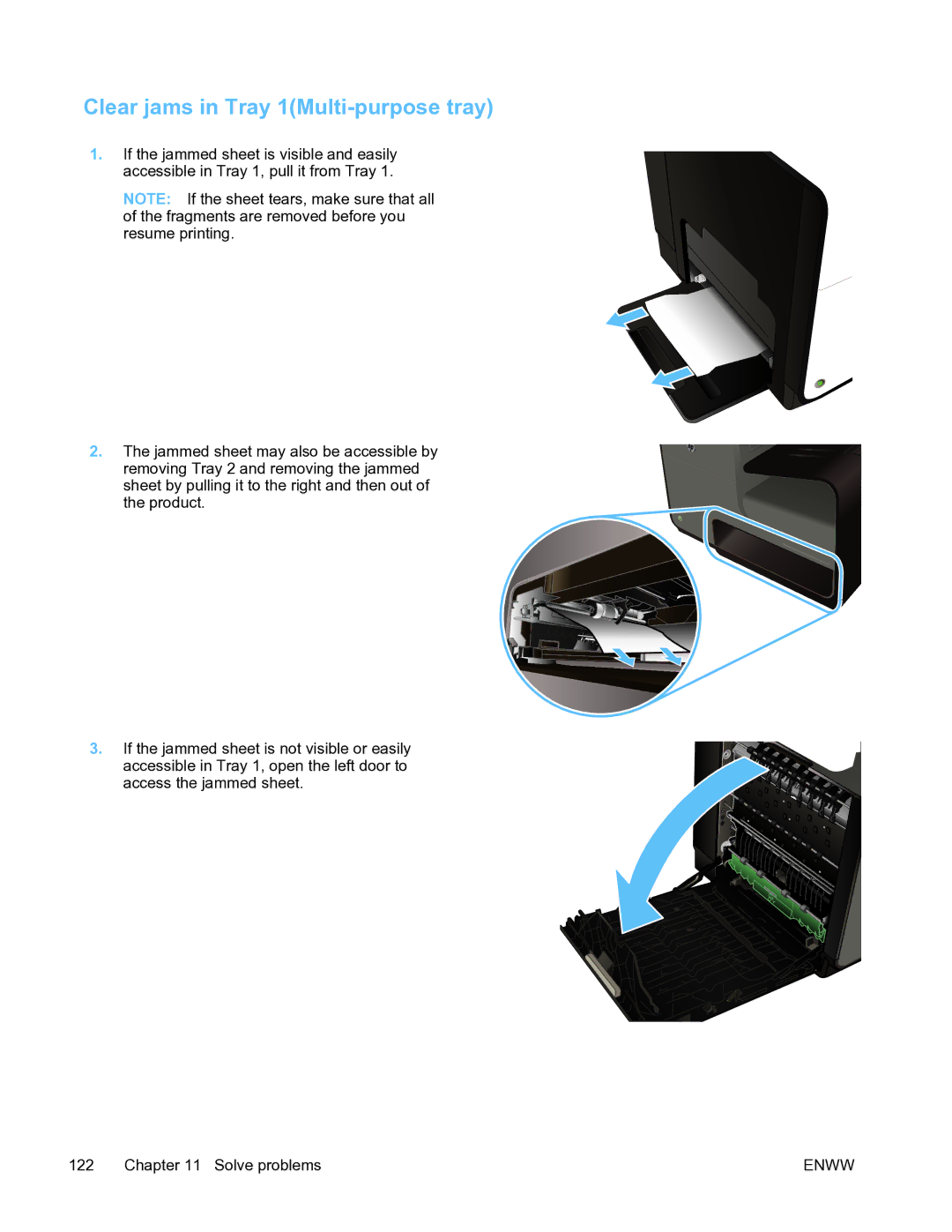 HP Pro X451 manual Clear jams in Tray 1Multi-purpose tray 