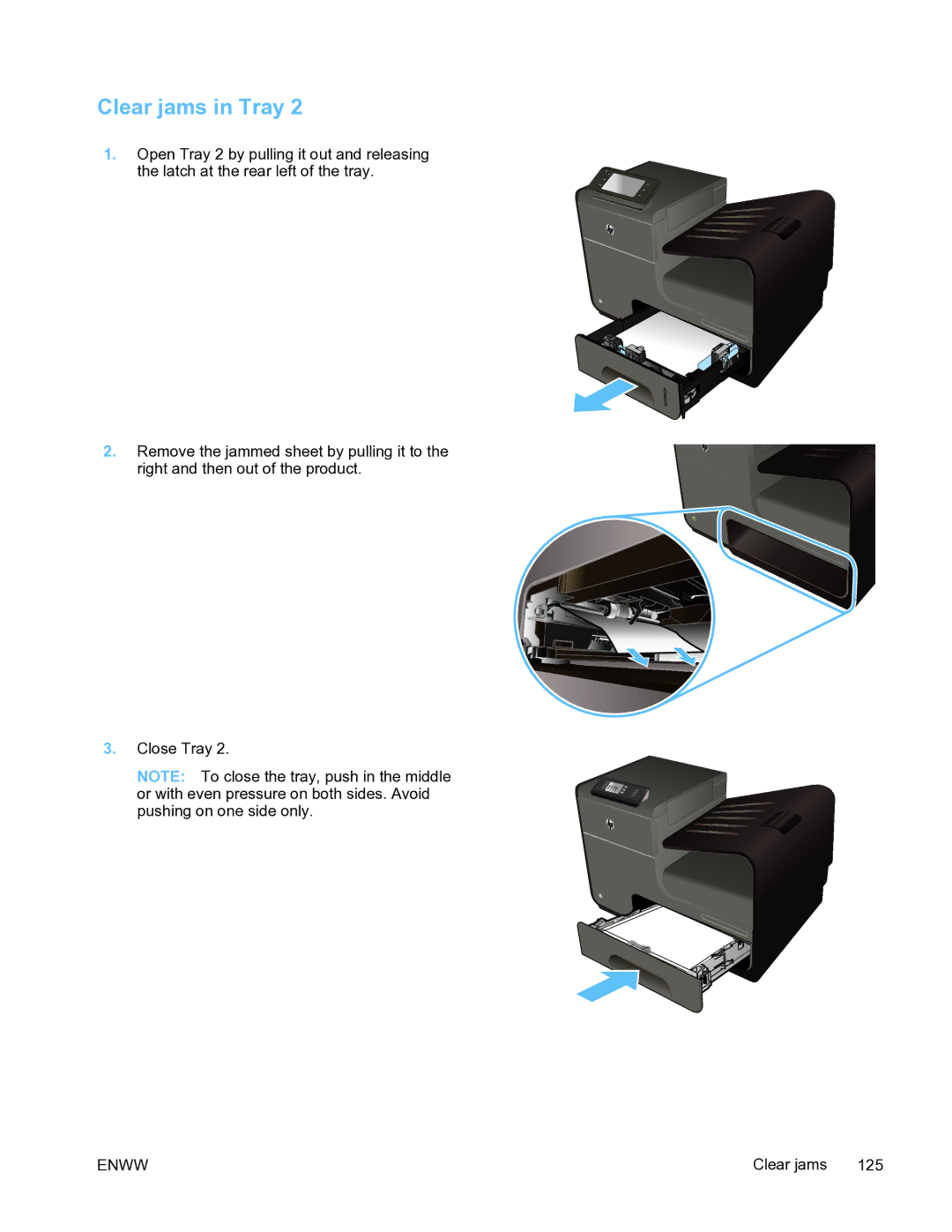 HP Pro X451 manual Clear jams in Tray 