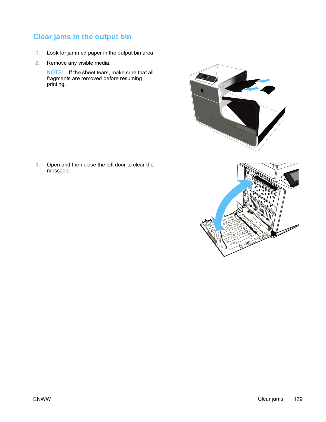 HP Pro X451 manual Clear jams in the output bin 