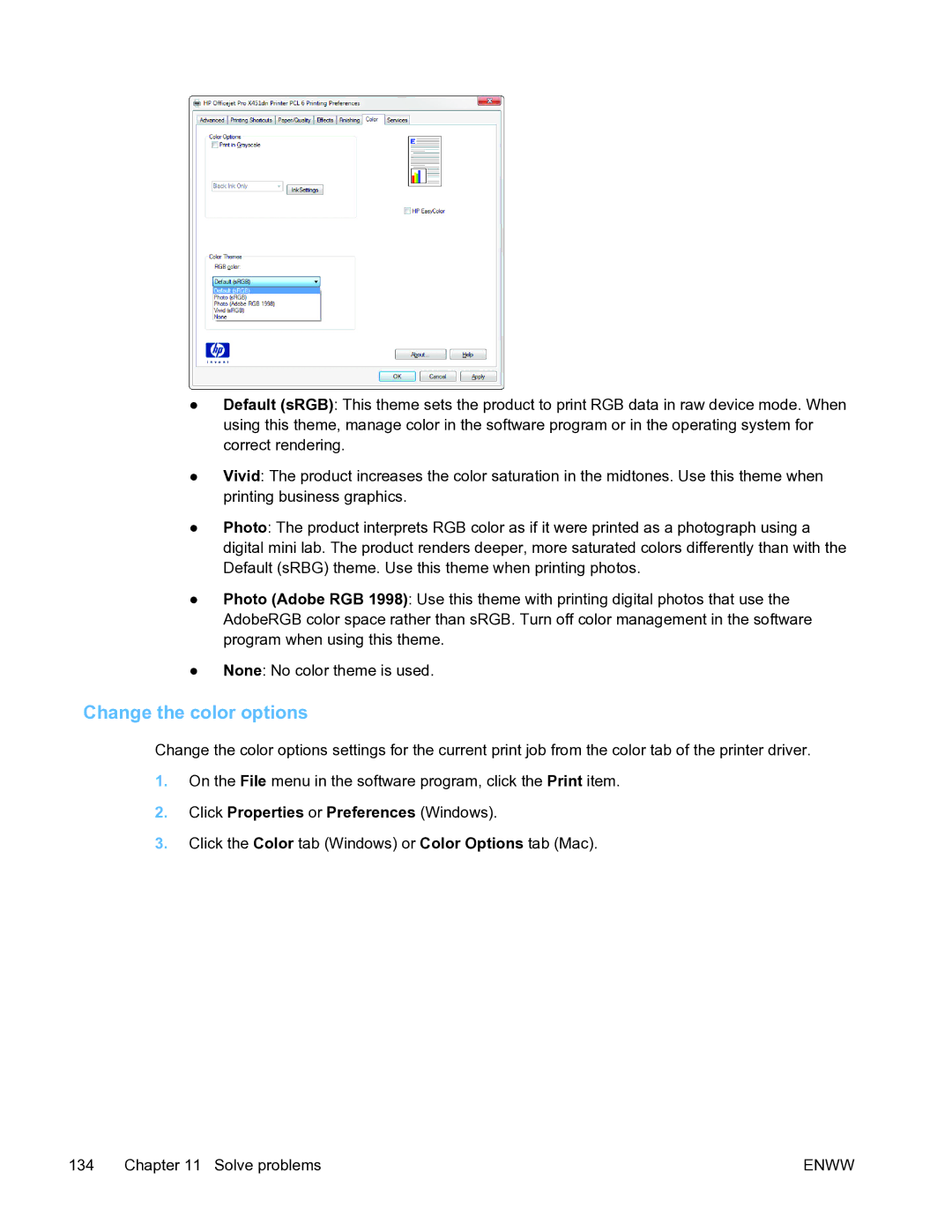 HP Pro X451 manual Change the color options 