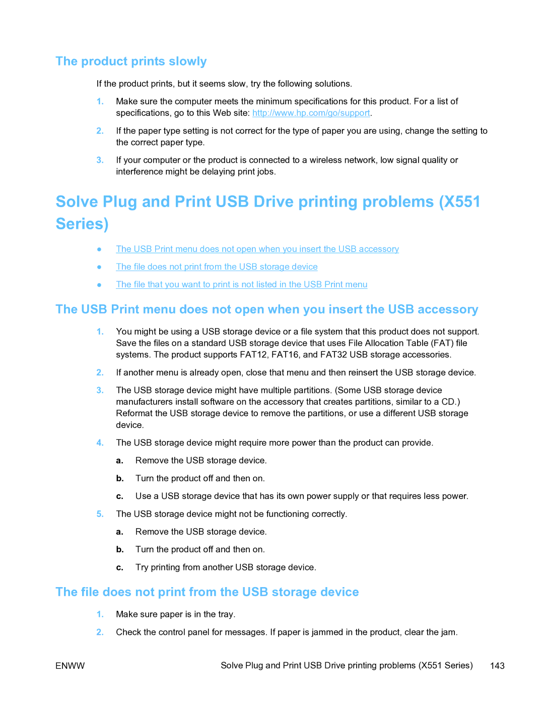 HP Pro X451 manual Product prints slowly, File does not print from the USB storage device 