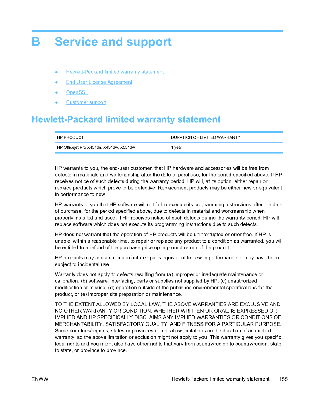 HP Pro X451 manual Service and support, Hewlett-Packard limited warranty statement 