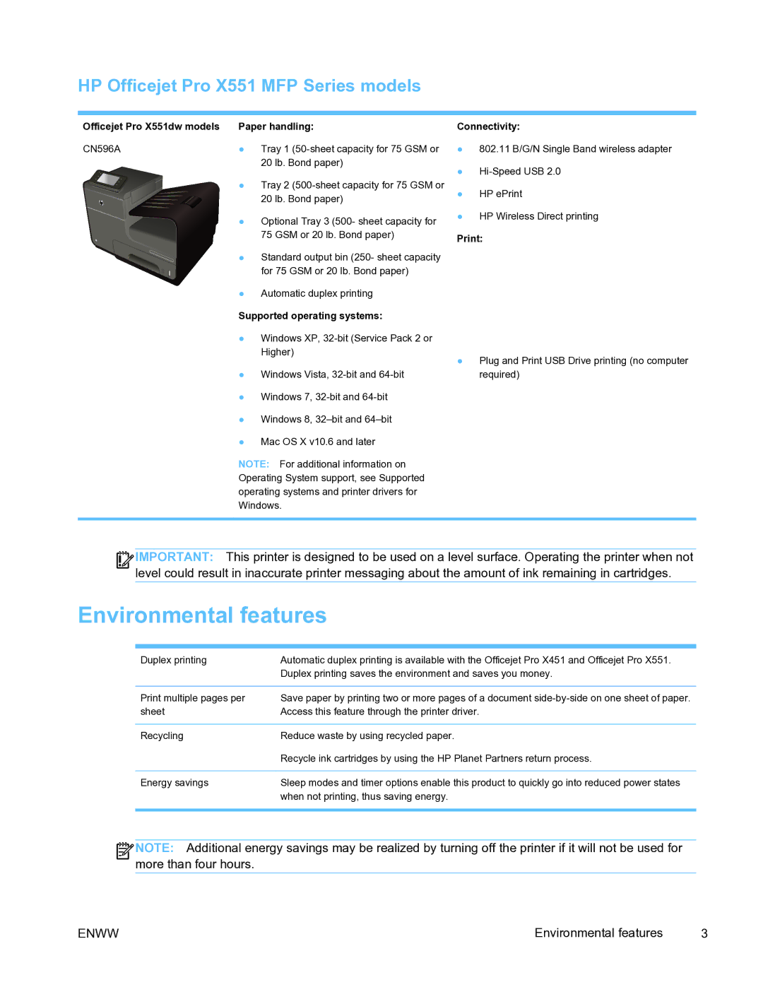 HP Pro X451 Environmental features, HP Officejet Pro X551 MFP Series models, Officejet Pro X551dw models Paper handling 