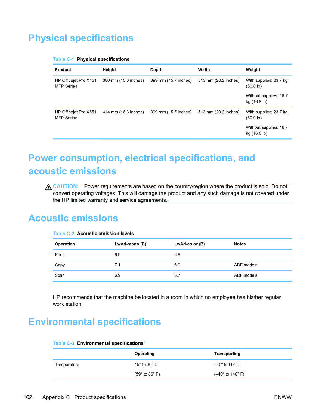 HP Pro X451 manual Physical specifications, Environmental specifications, Product Height Depth Width Weight 