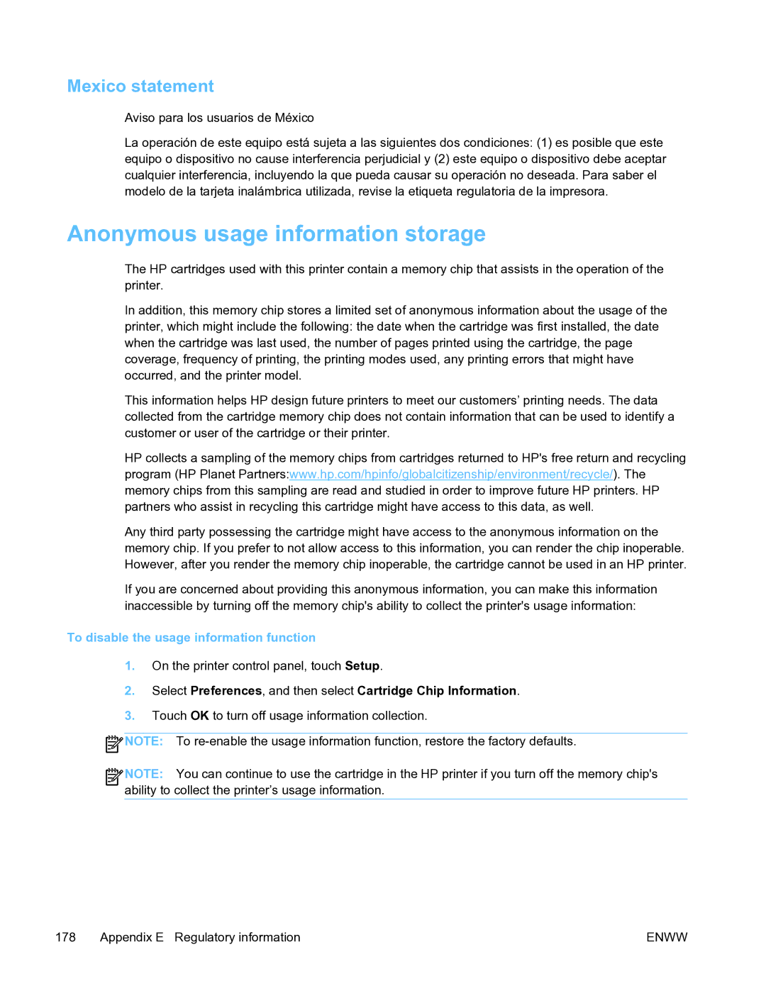 HP Pro X451 manual Anonymous usage information storage, Mexico statement, To disable the usage information function 