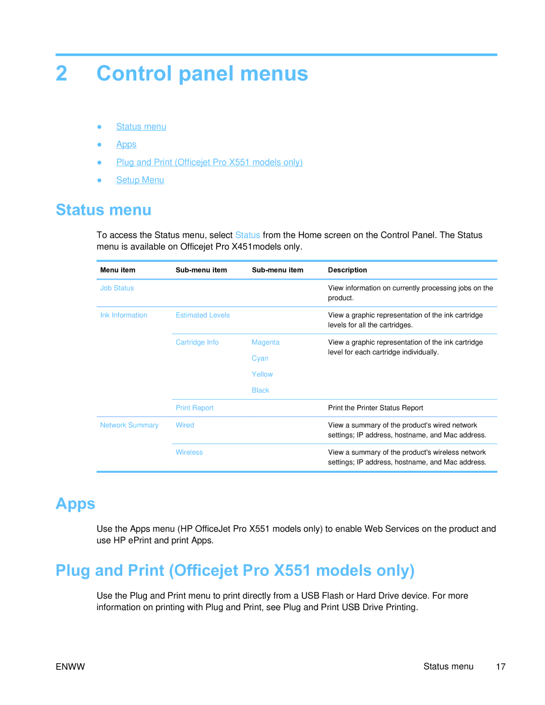 HP Pro X451 manual Control panel menus, Status menu, Apps, Plug and Print Officejet Pro X551 models only 