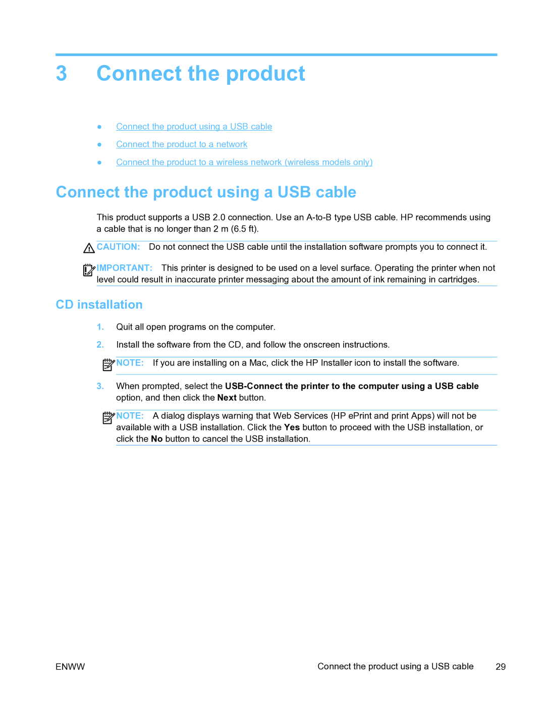 HP Pro X451 manual Connect the product using a USB cable, CD installation 