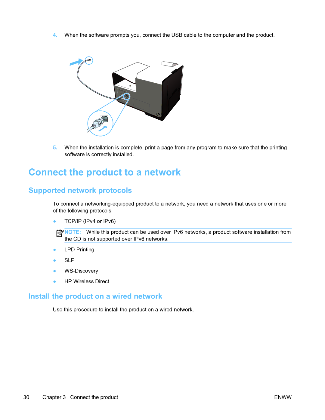 HP Pro X451 manual Connect the product to a network, Supported network protocols, Install the product on a wired network 