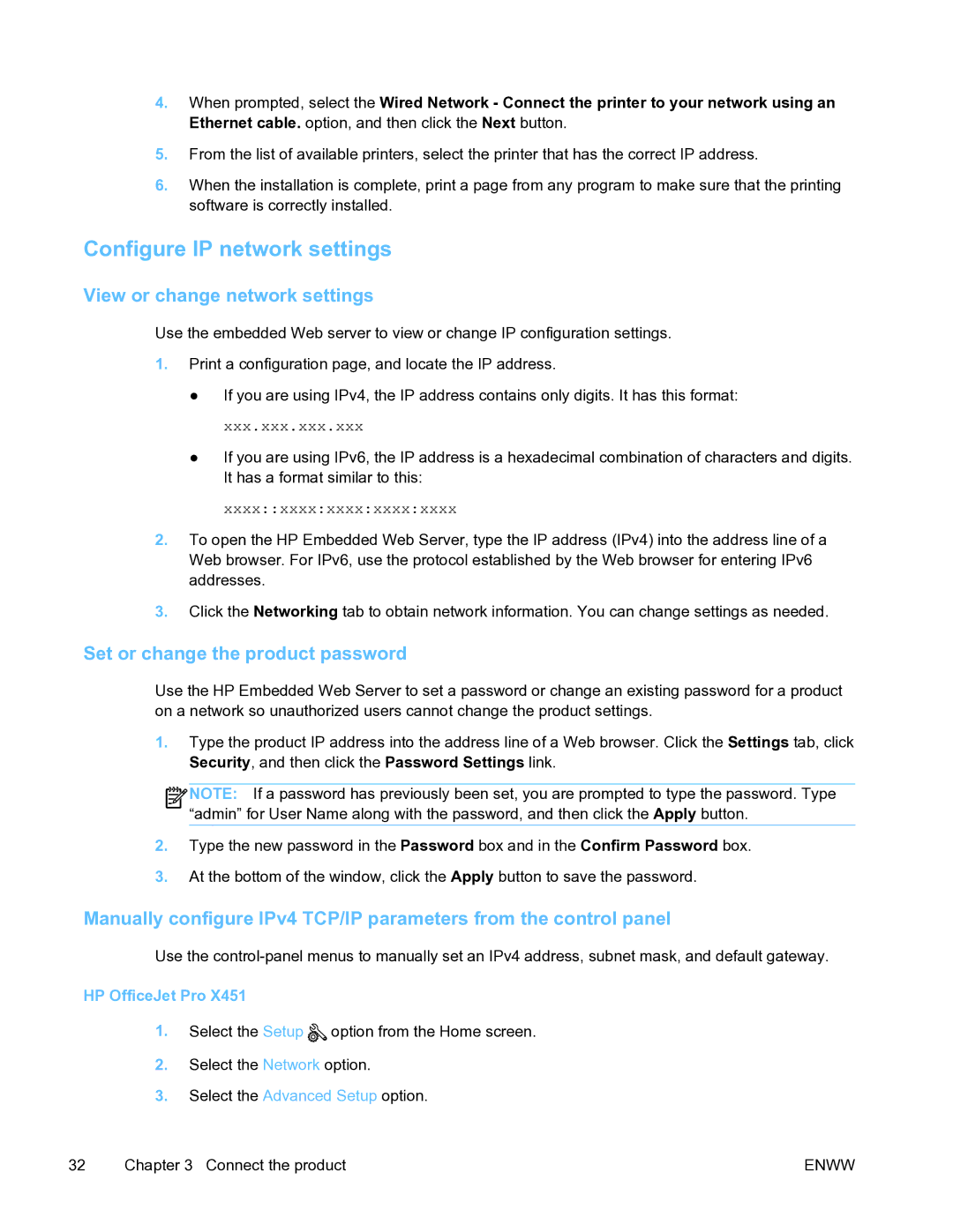 HP Pro X451 manual Configure IP network settings, View or change network settings, Set or change the product password 