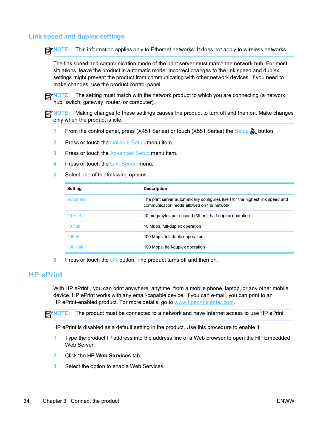 HP Pro X451 manual HP ePrint, Link speed and duplex settings, Setting Description 