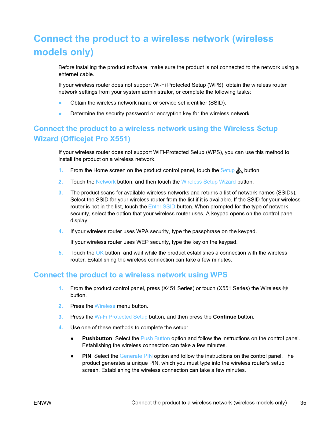 HP Pro X451 manual Connect the product to a wireless network using WPS 