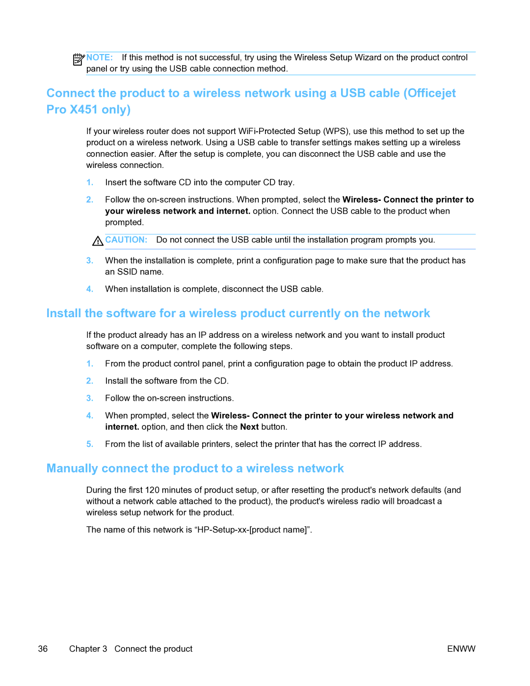 HP Pro X451 manual Manually connect the product to a wireless network 