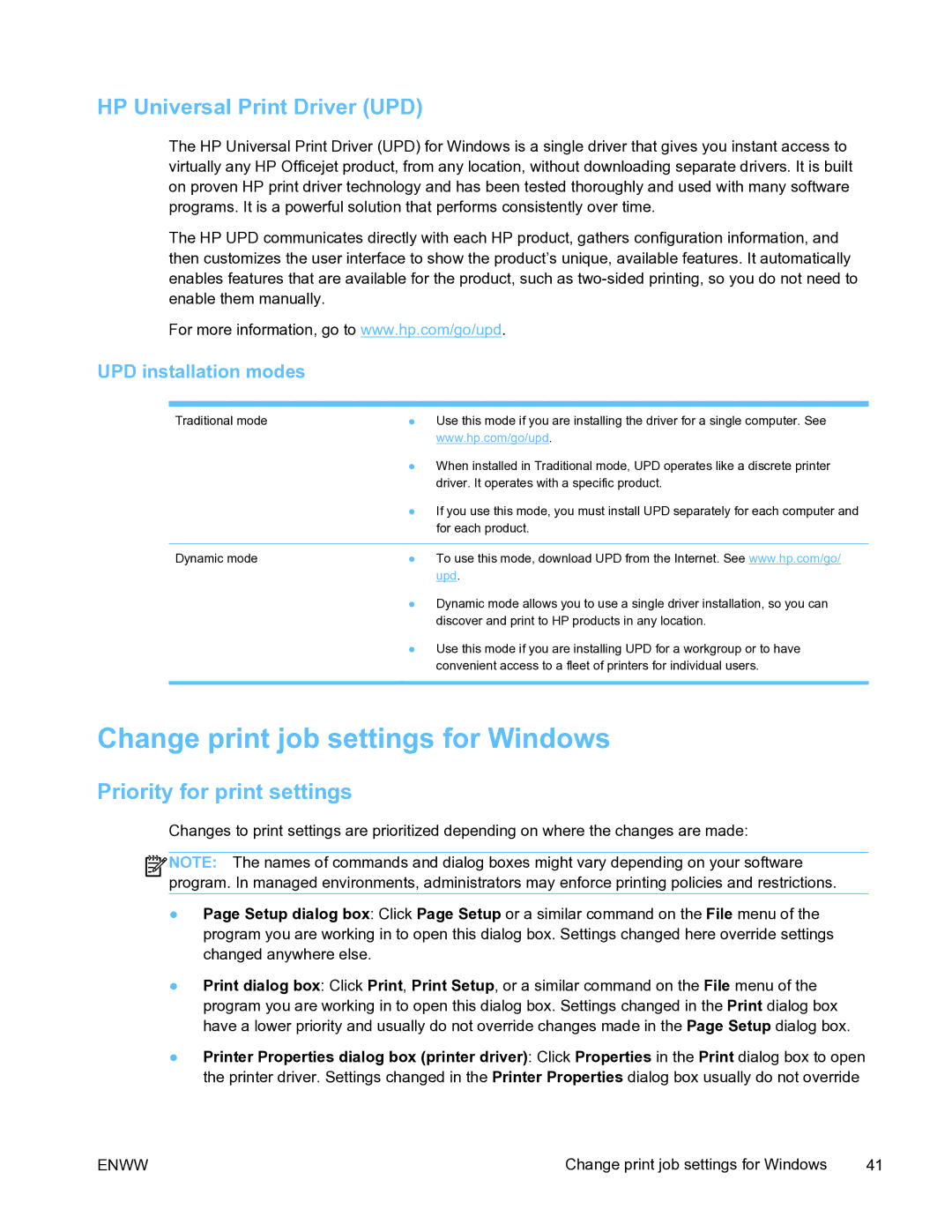 HP Pro X451 manual Change print job settings for Windows, HP Universal Print Driver UPD, Priority for print settings 