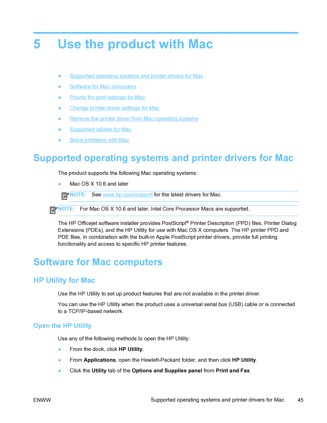 HP Pro X451 Use the product with Mac, Supported operating systems and printer drivers for Mac, Software for Mac computers 