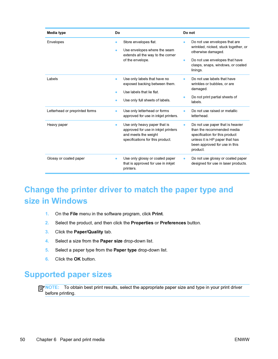 HP Pro X451 manual Supported paper sizes, Media type 