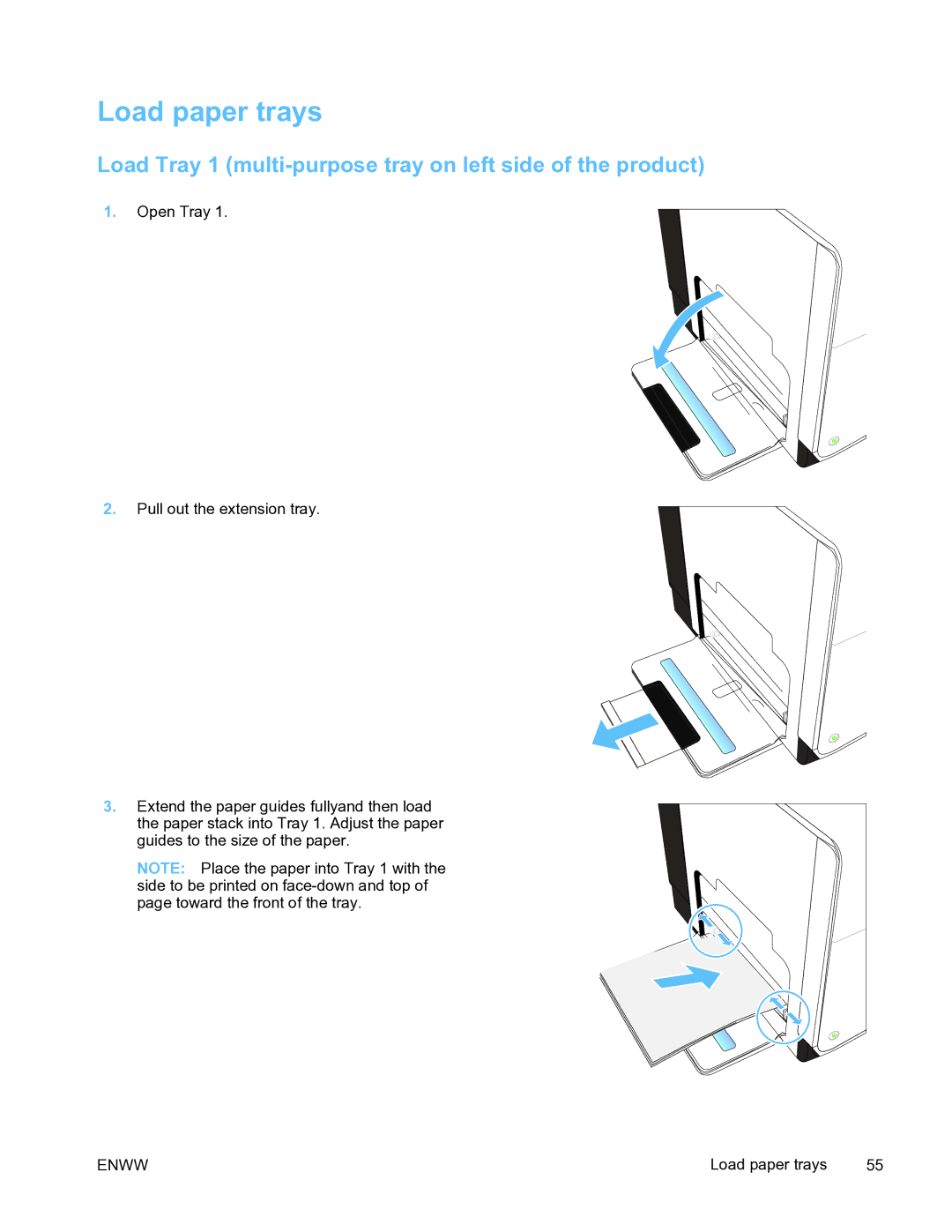 HP Pro X451 manual Load paper trays, Load Tray 1 multi-purpose tray on left side of the product 