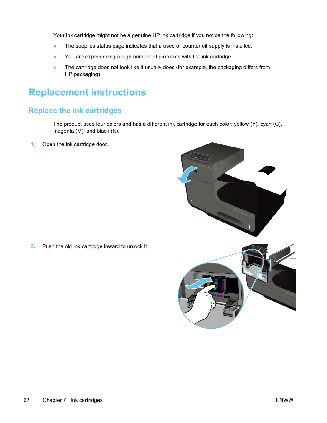 HP Pro X451 manual Replacement instructions, Replace the ink cartridges 