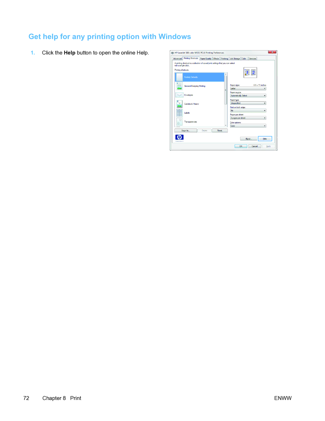 HP Pro X451 manual Get help for any printing option with Windows 