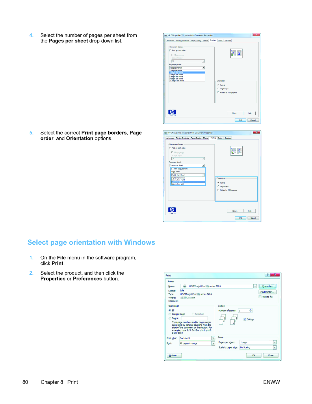 HP Pro X451 manual Select page orientation with Windows 