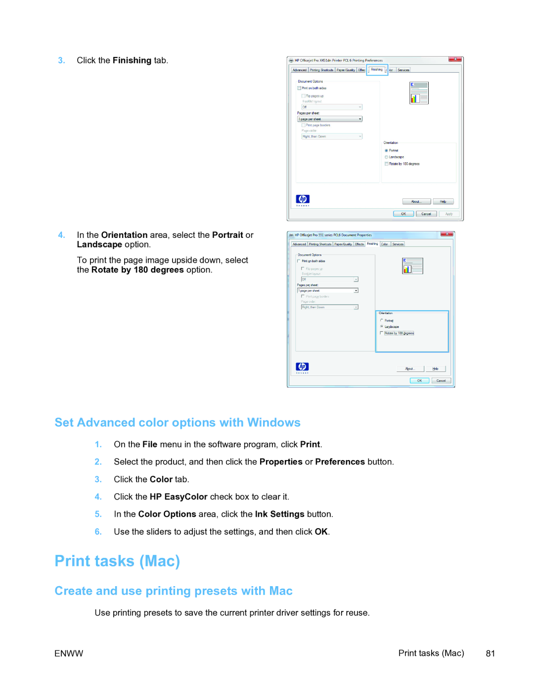 HP Pro X451 manual Print tasks Mac, Set Advanced color options with Windows, Create and use printing presets with Mac 