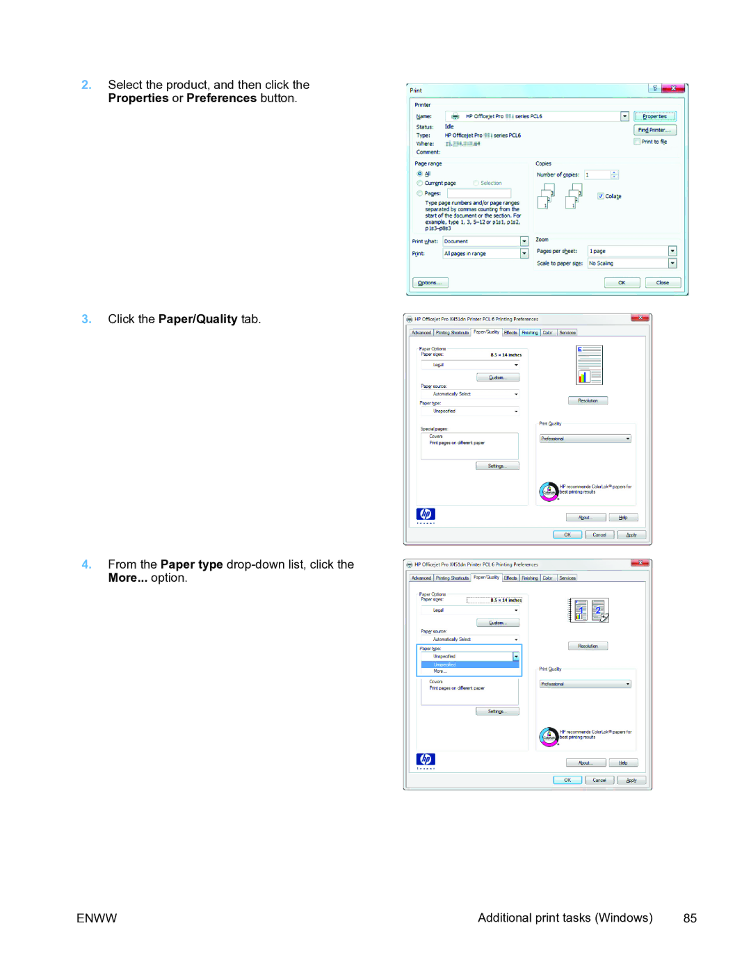 HP Pro X451 manual Additional print tasks Windows 